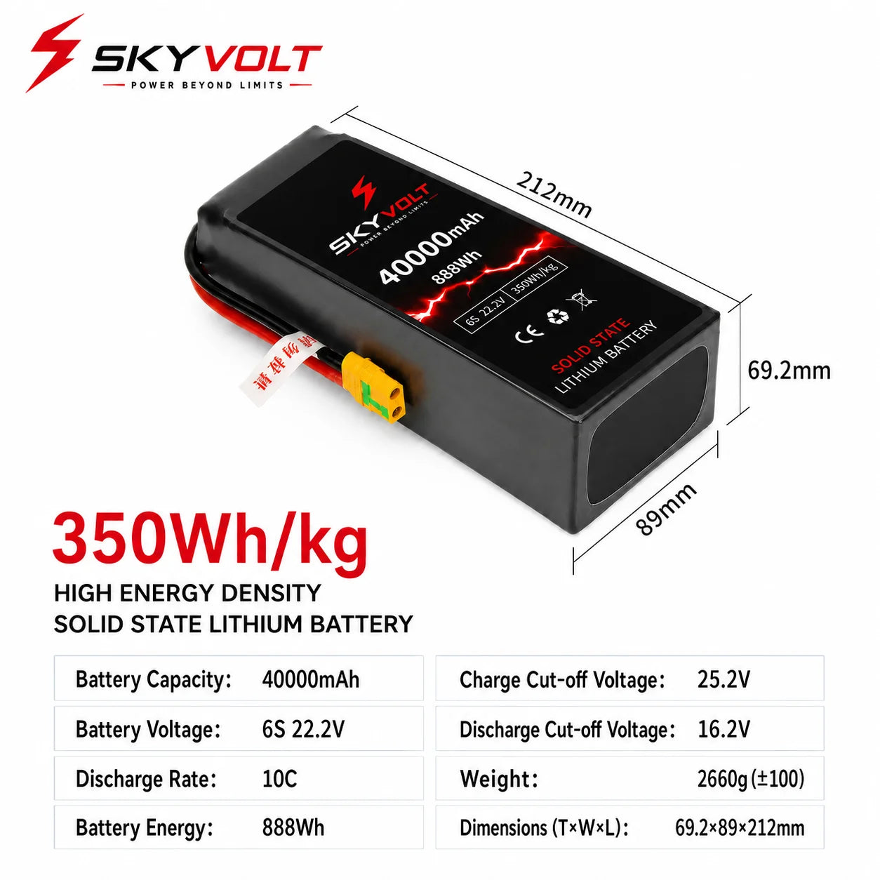 SKYVOLT 40000mAh 6S 350Wh/kg Solid State Battery - Industrial UAV Battery Solution