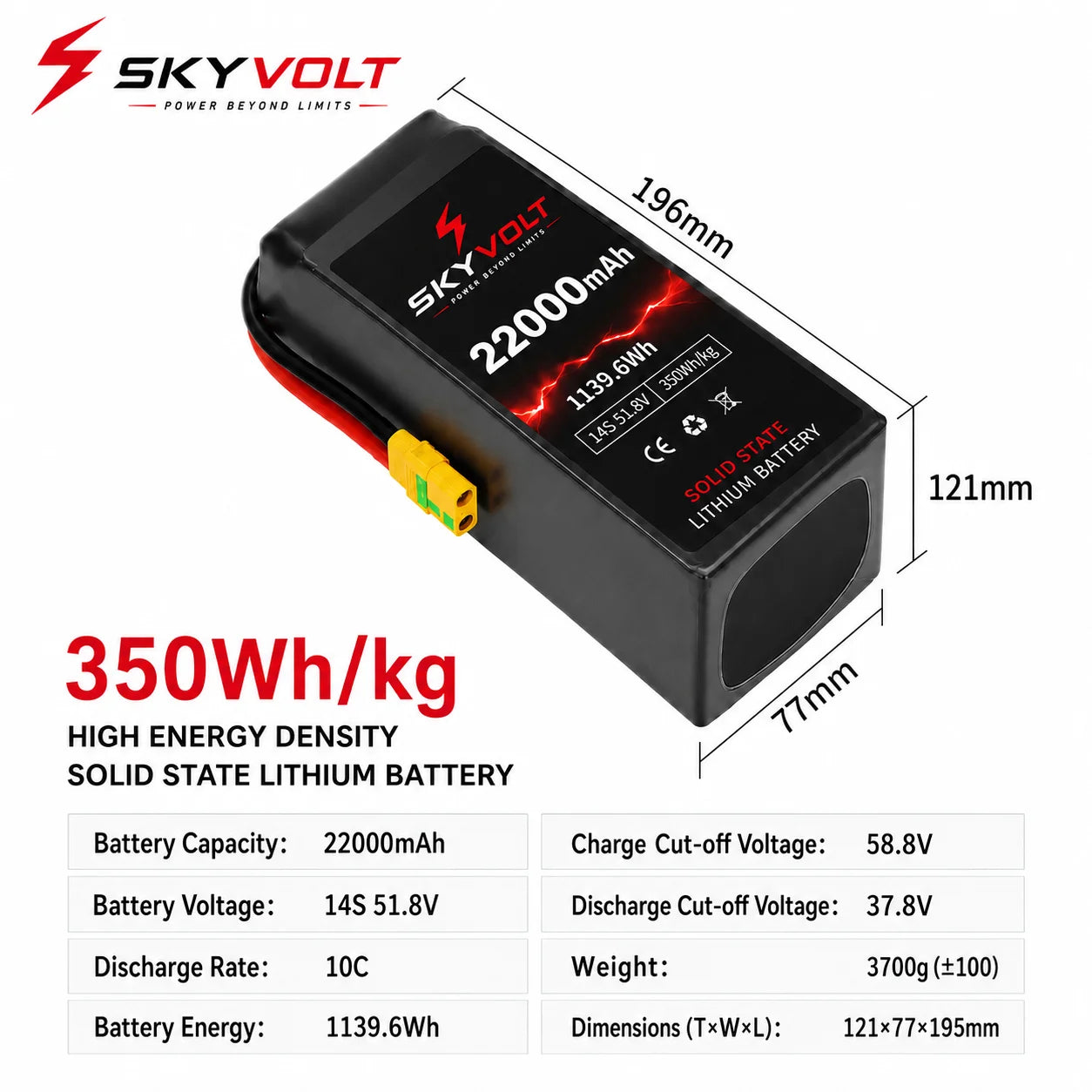 SKYVOLT 22000mAh 14S 350Wh/kg Solid State Battery - Industrial UAV Battery Solution