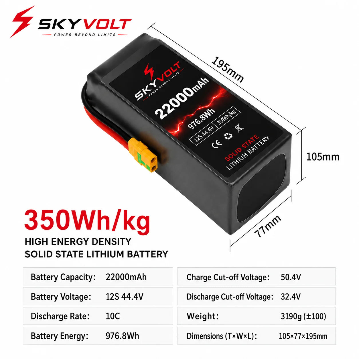 SKYVOLT 22000mAh 12S 350Wh/kg Solid State Battery - Industrial UAV Battery Solution
