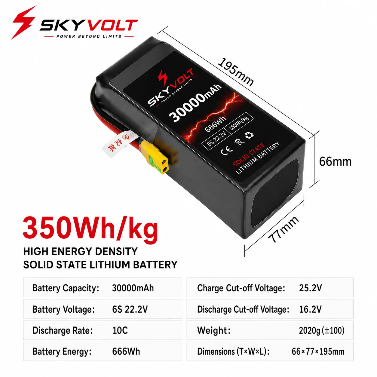 SKYVOLT 30000mAh 6S 350Wh/kg Solid State Battery - Industrial UAV Battery Solution