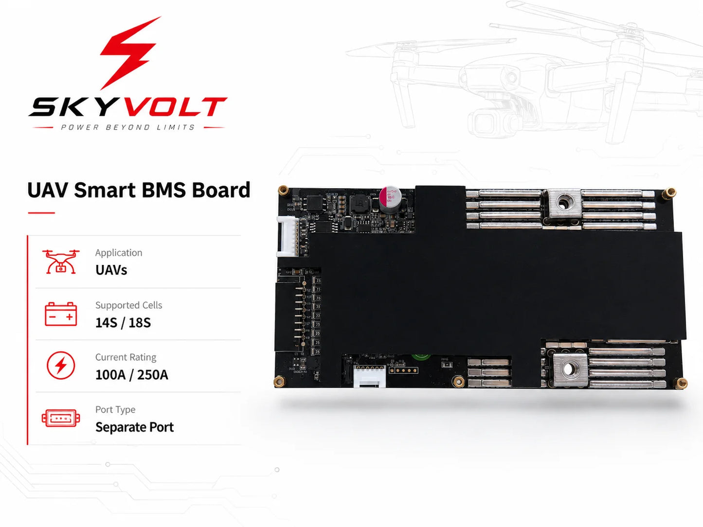 SKYVOLT 14S/18S 250A UAV Smart BMS Board (Separate Port)