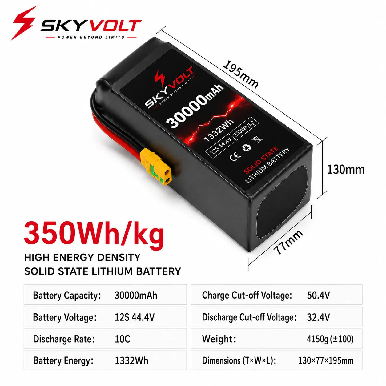 SKYVOLT 30000mAh 12S 350Wh/kg Solid State Battery - Industrial UAV Battery Solution