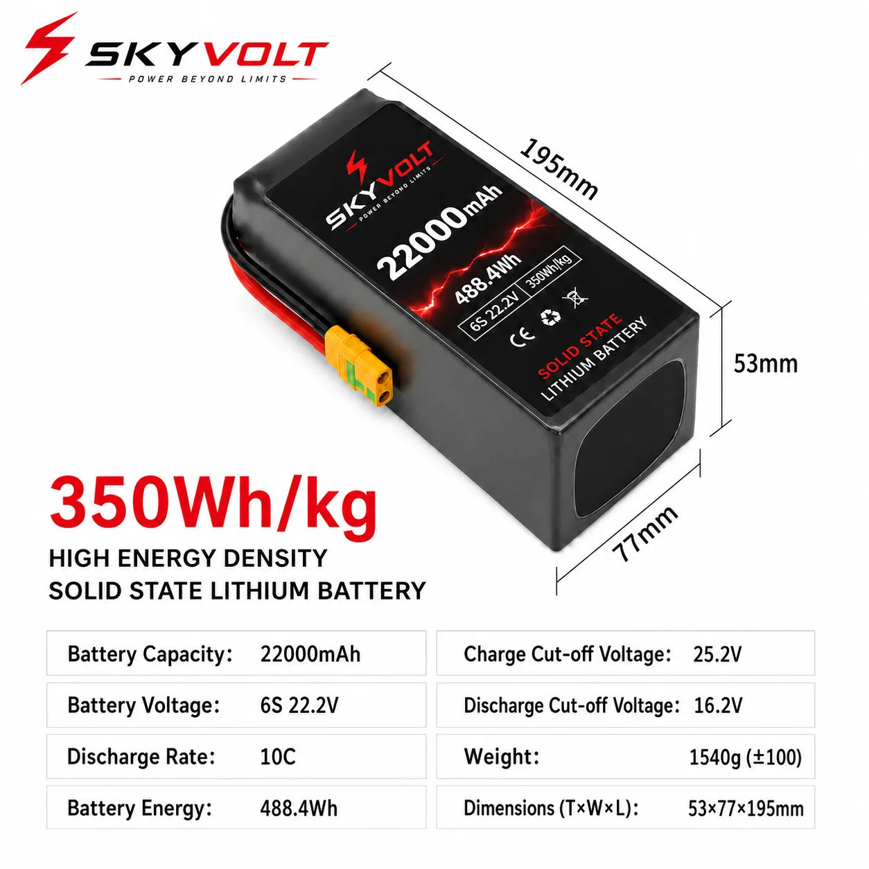 SKYVOLT 22000mAh 6S 350Wh/kg Solid State Battery - Industrial UAV Battery Solution