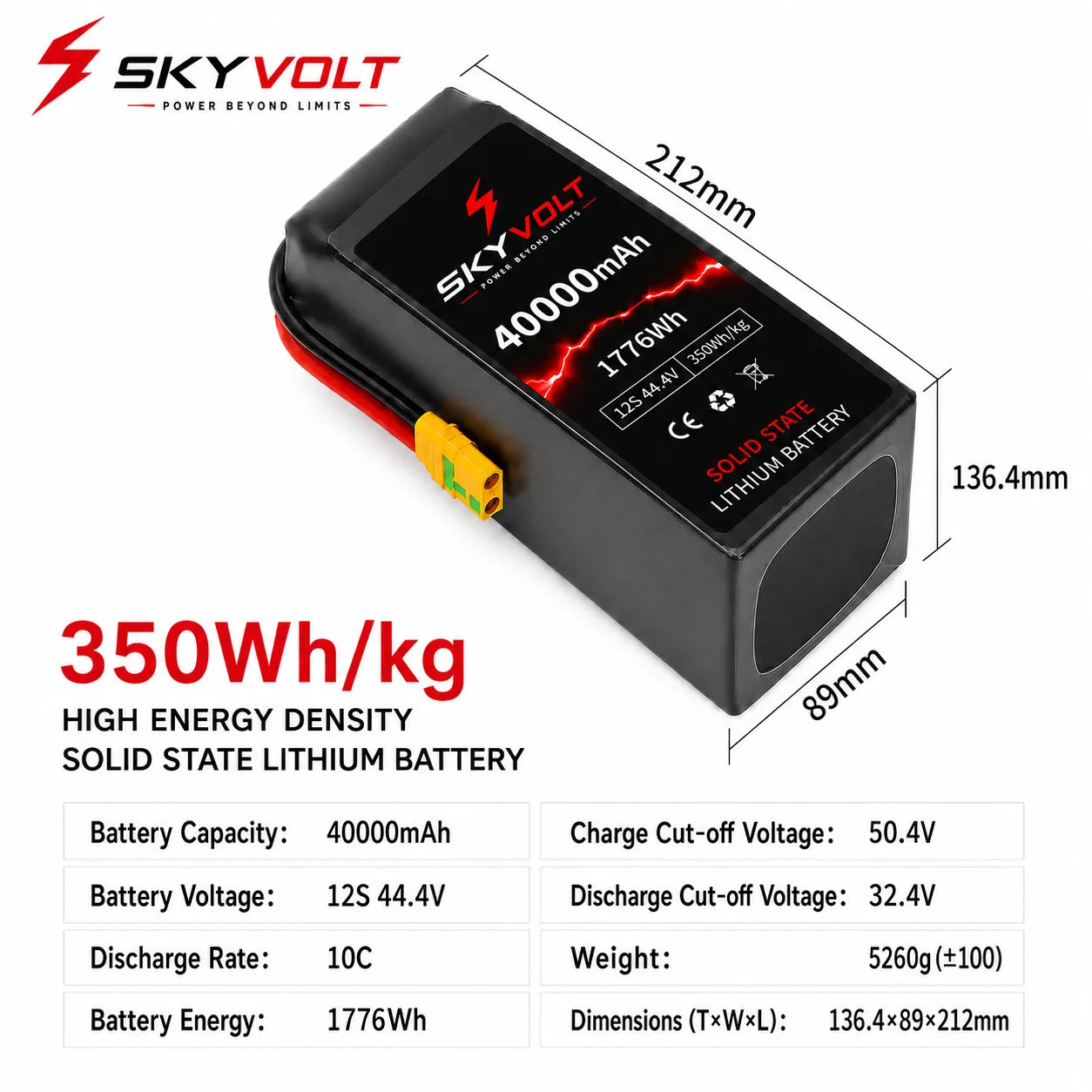 SKYVOLT 40000mAh 12S 350Wh/kg Solid State Battery - Industrial UAV Battery Solution